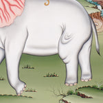 Four Harmonious Friends thangka painting showing an elephant, monkey, rabbit and bird working together beneath a fruit tree in a peaceful Himalayan landscape, symbolising harmony, cooperation