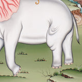 Four Harmonious Friends thangka painting showing an elephant, monkey, rabbit and bird working together beneath a fruit tree in a peaceful Himalayan landscape, symbolising harmony, cooperation