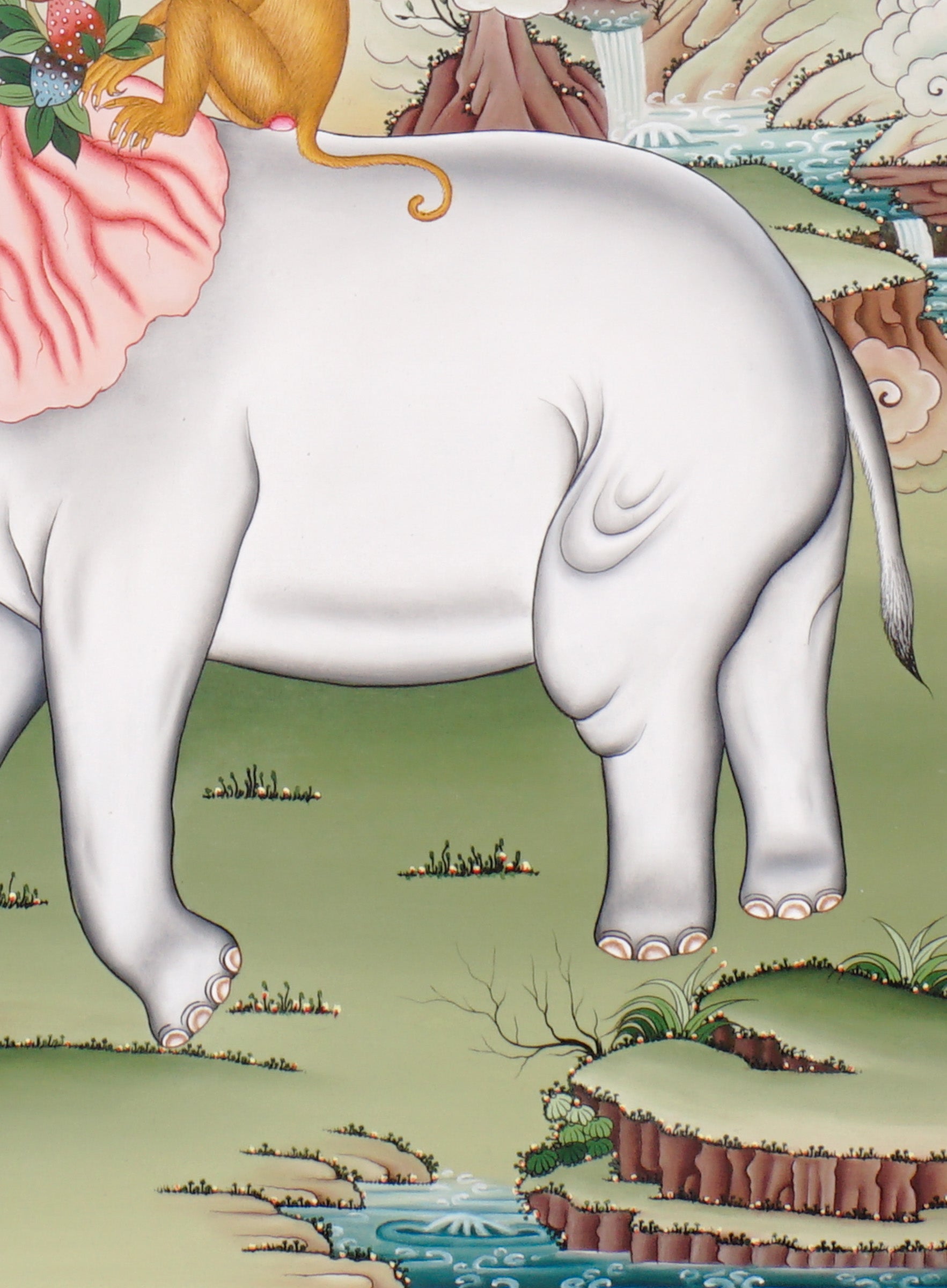 Four Harmonious Friends thangka painting showing an elephant, monkey, rabbit and bird working together beneath a fruit tree in a peaceful Himalayan landscape, symbolising harmony, cooperation