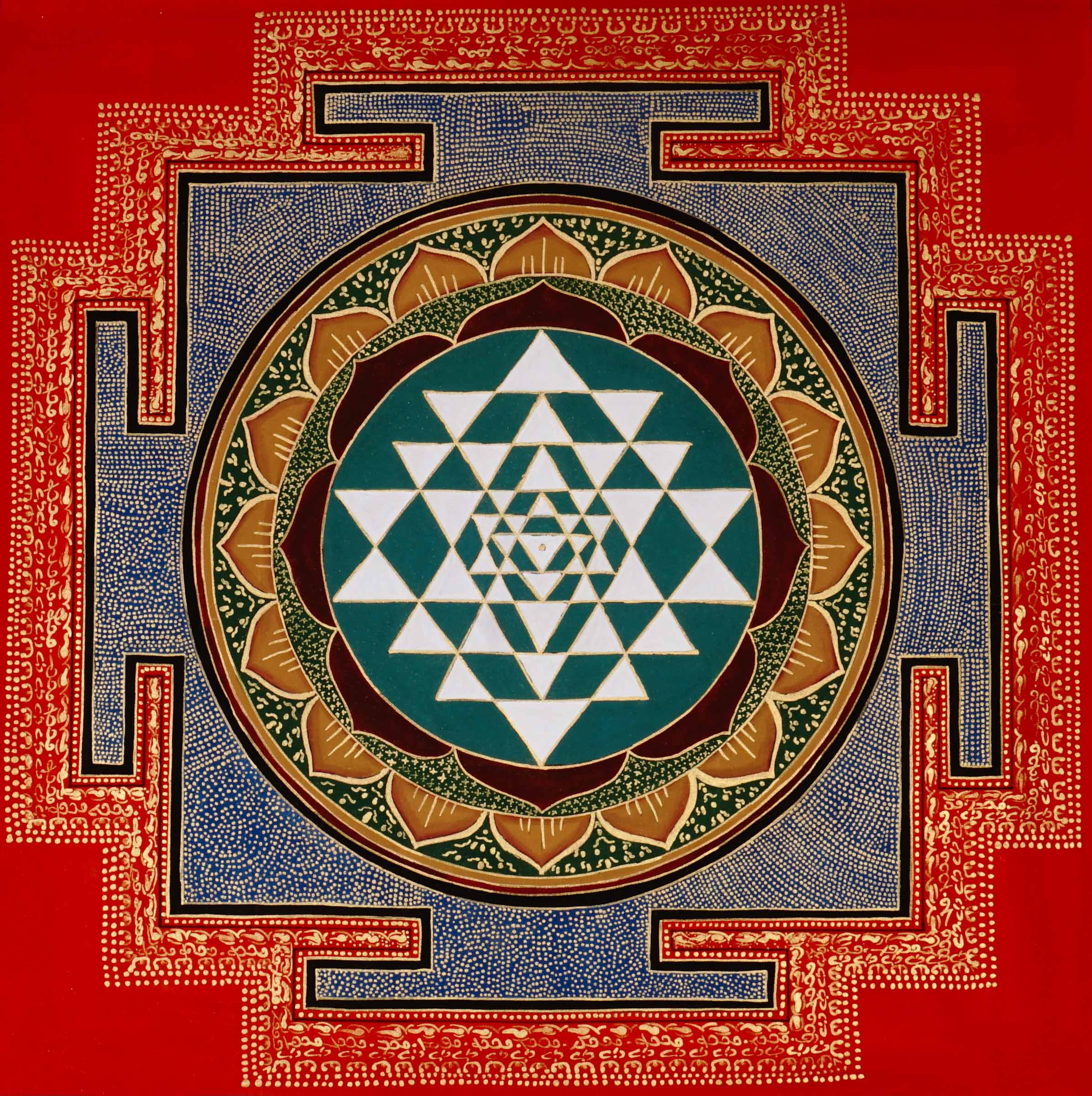 Hand-painted Sri Chakra mandala artwork on cotton canvas