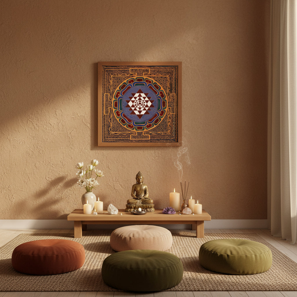 Himalayan Shree Yantra painting featuring lotus petals and sacred geometry