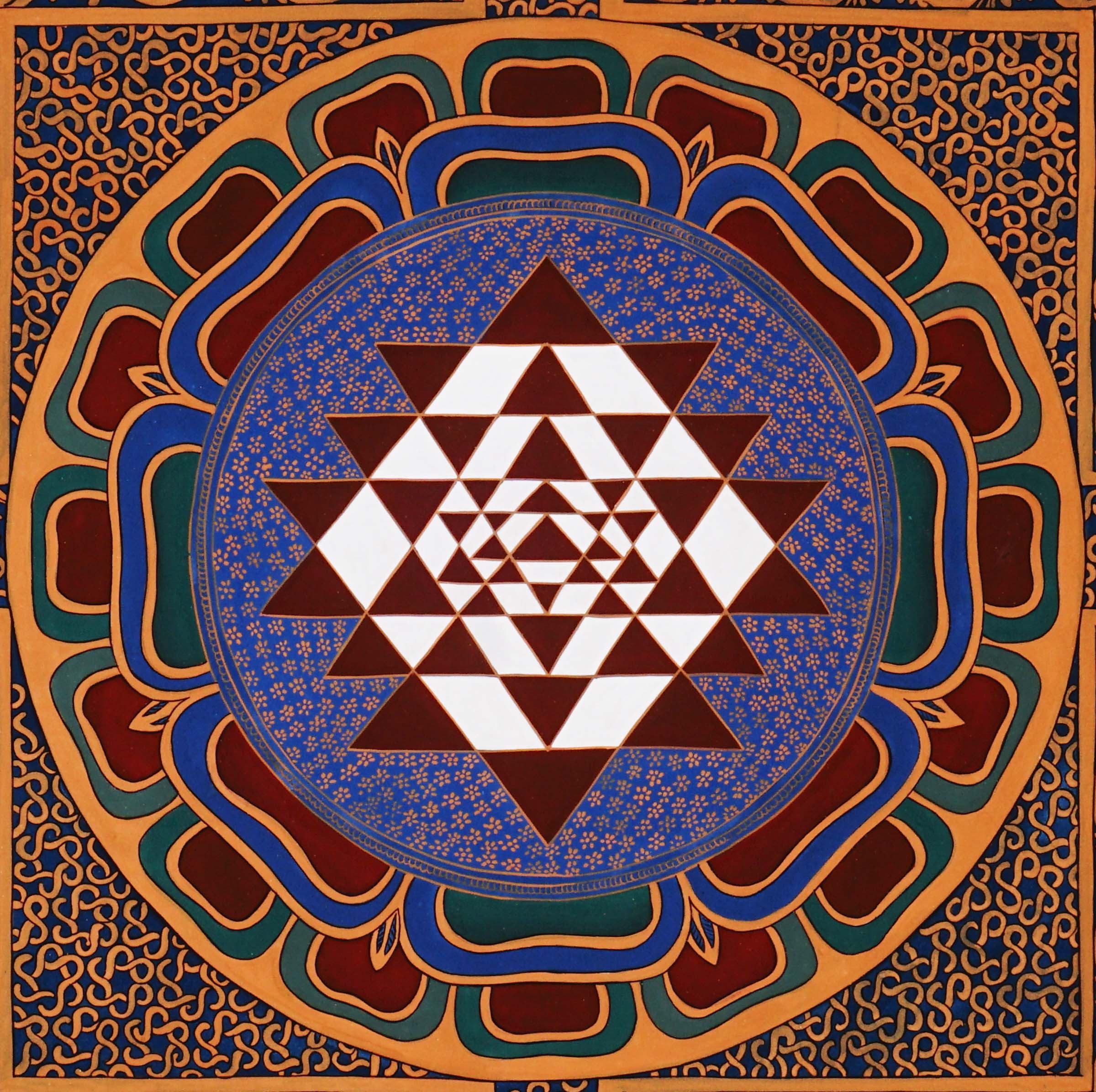 Himalayan Shree Yantra painting featuring lotus petals and sacred geometry