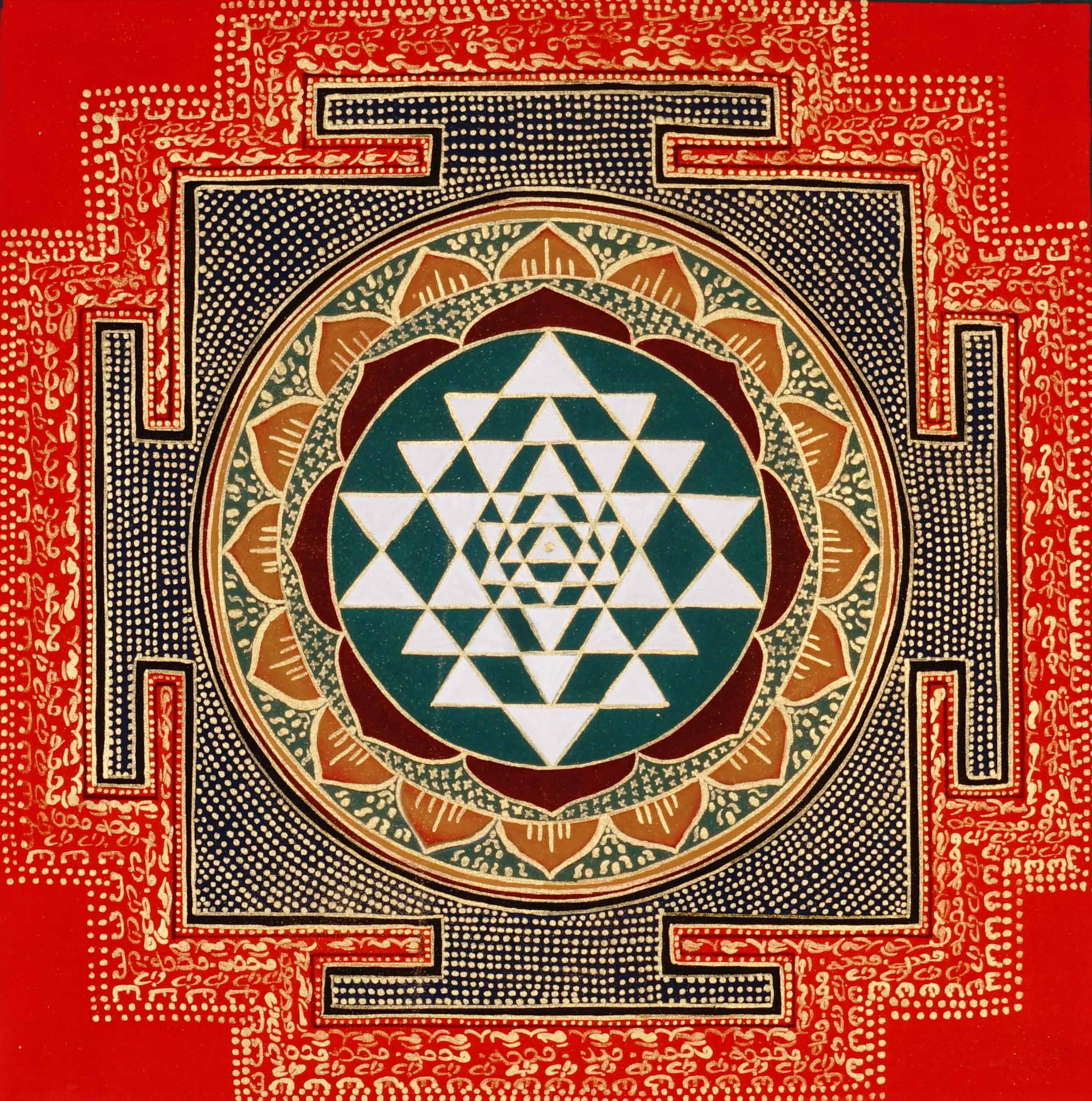 Hand-painted Sri Chakra mandala artwork on cotton canvas