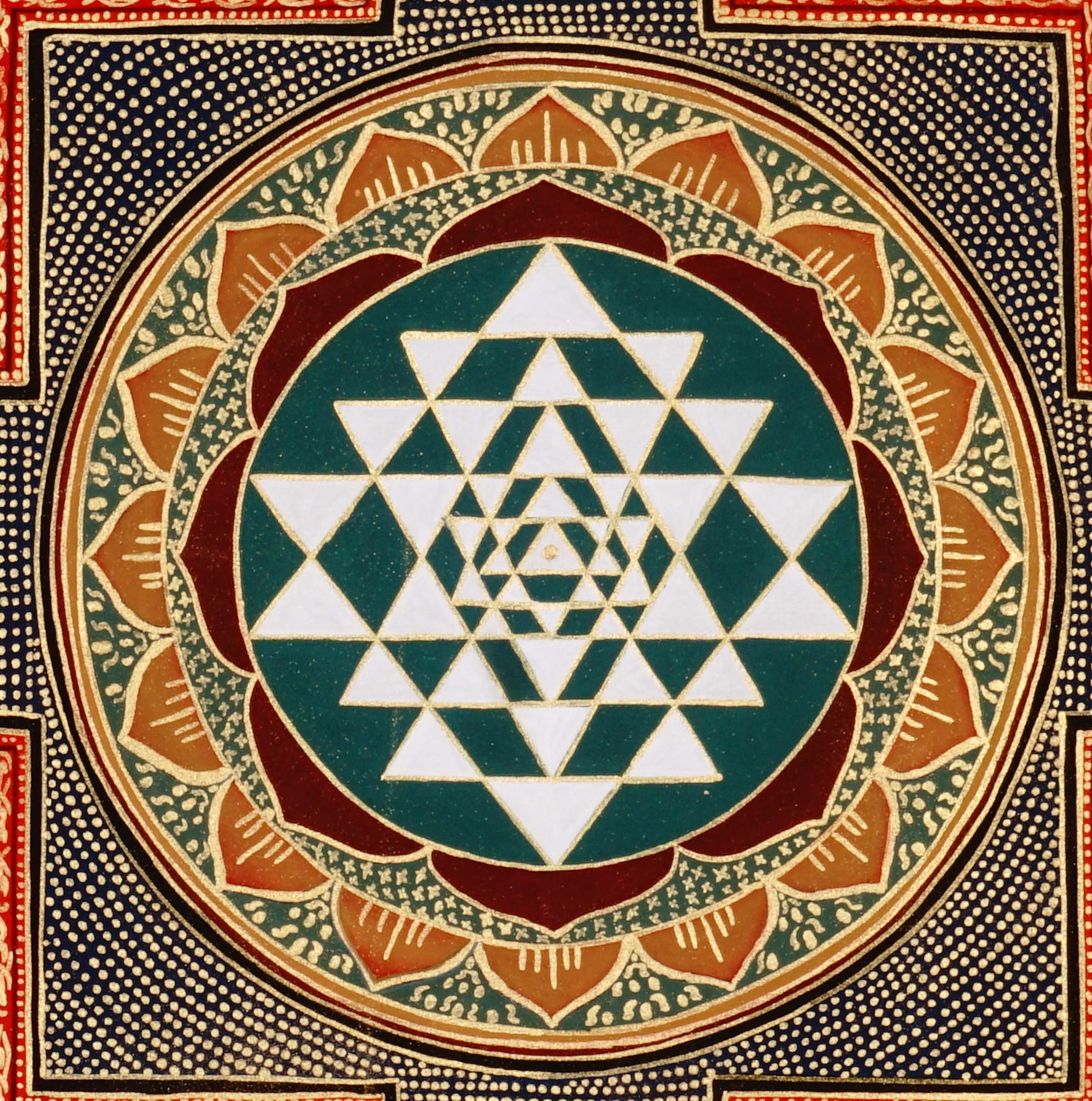 Hand-painted Sri Chakra mandala artwork on cotton canvas