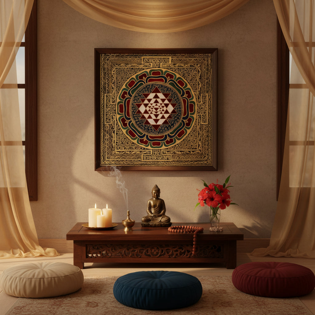 Sacred geometry mandala featuring Sri Yantra and lotus petals
