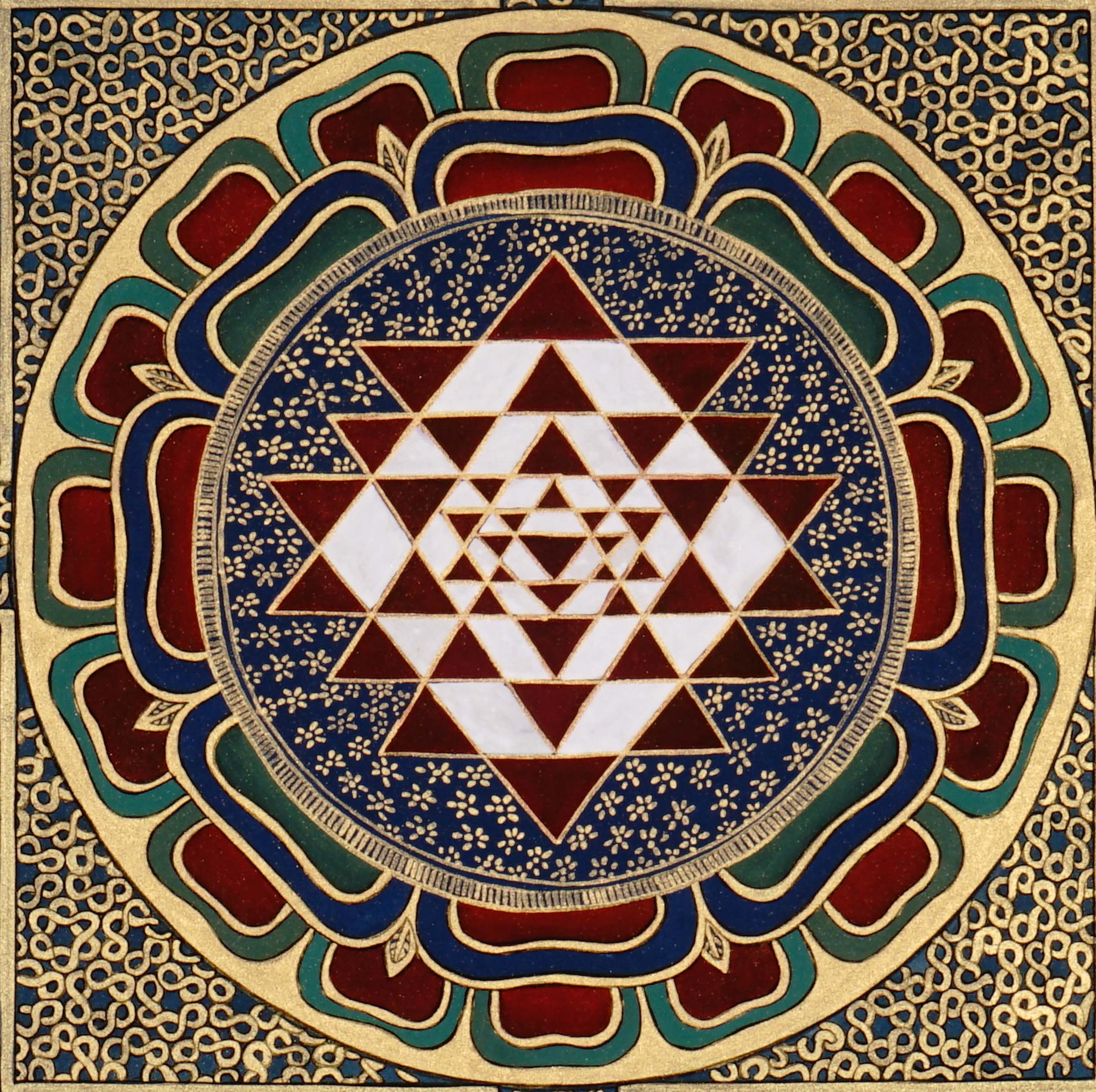 Sacred geometry mandala featuring Sri Yantra and lotus petals