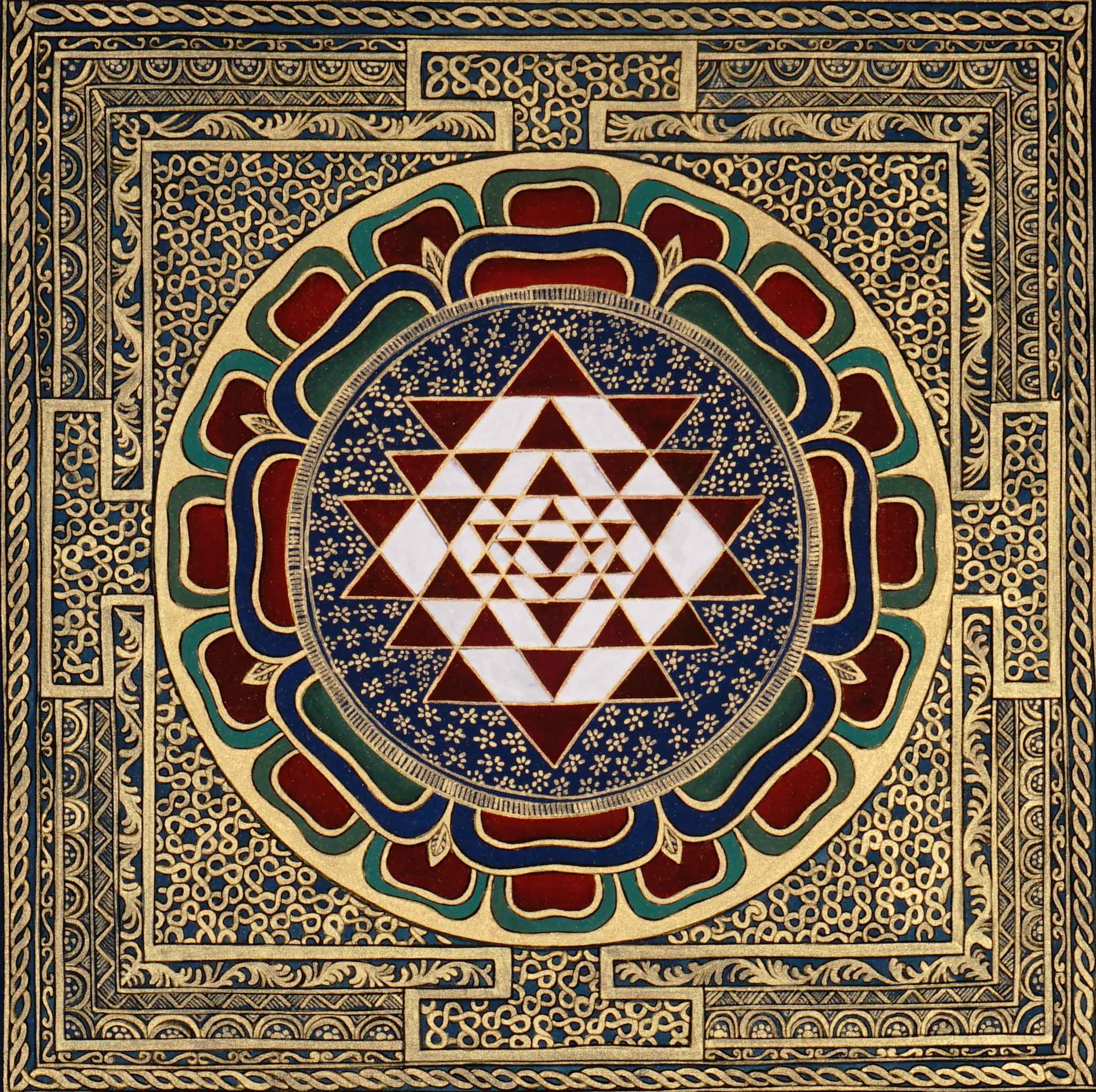 Sacred geometry mandala featuring Sri Yantra and lotus petals