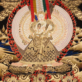 Dukkar thangka painting featuring the White Umbrella Goddess Sitatapatra with many arms, sacred implements, flame aura, gold-tone details