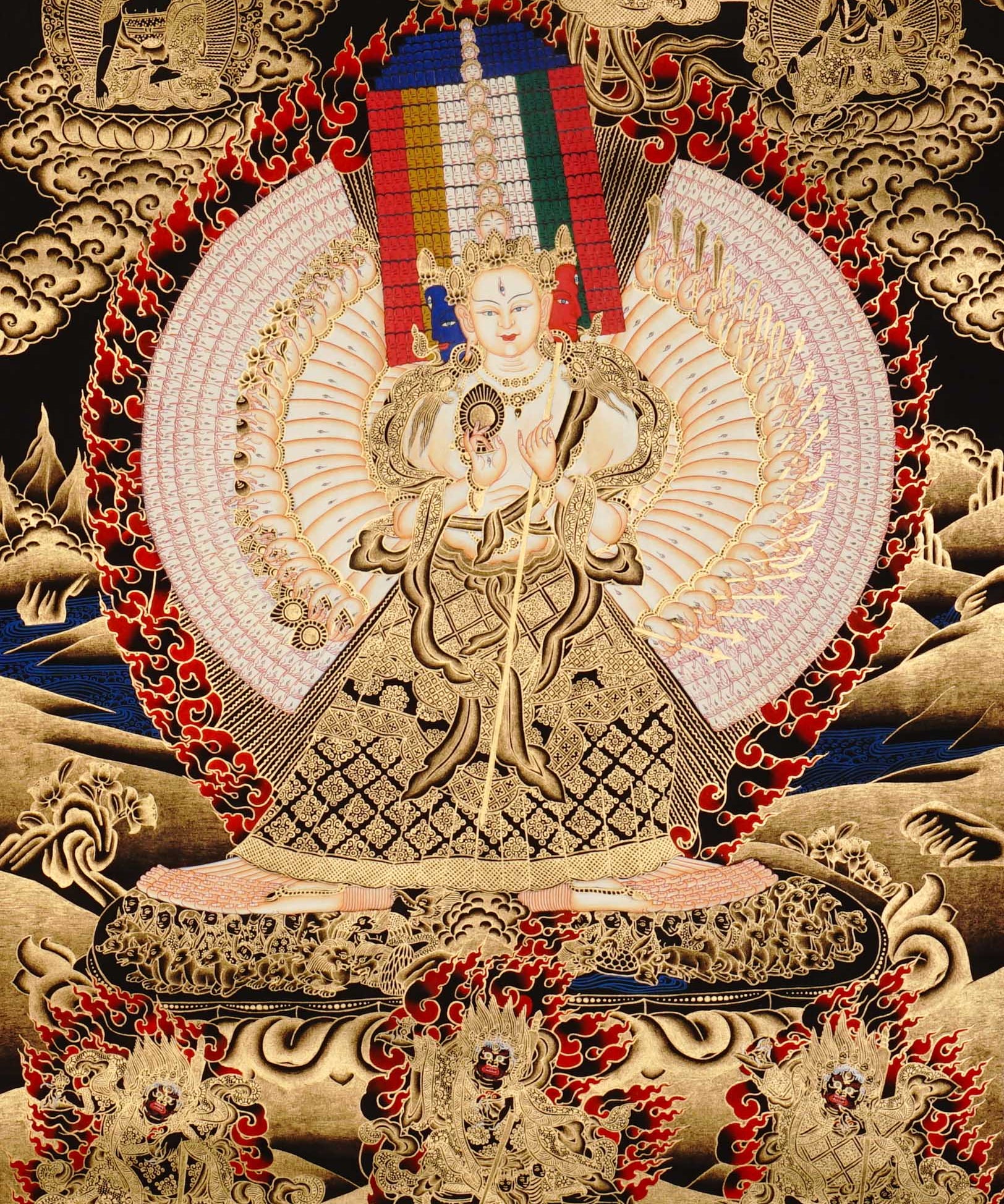 Dukkar thangka painting featuring the White Umbrella Goddess Sitatapatra with many arms, sacred implements, flame aura, gold-tone details