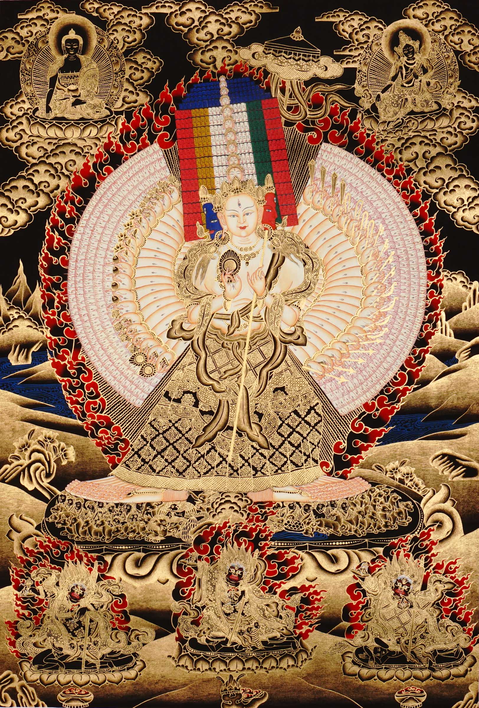 Dukkar thangka painting featuring the White Umbrella Goddess Sitatapatra with many arms, sacred implements, flame aura, gold-tone details