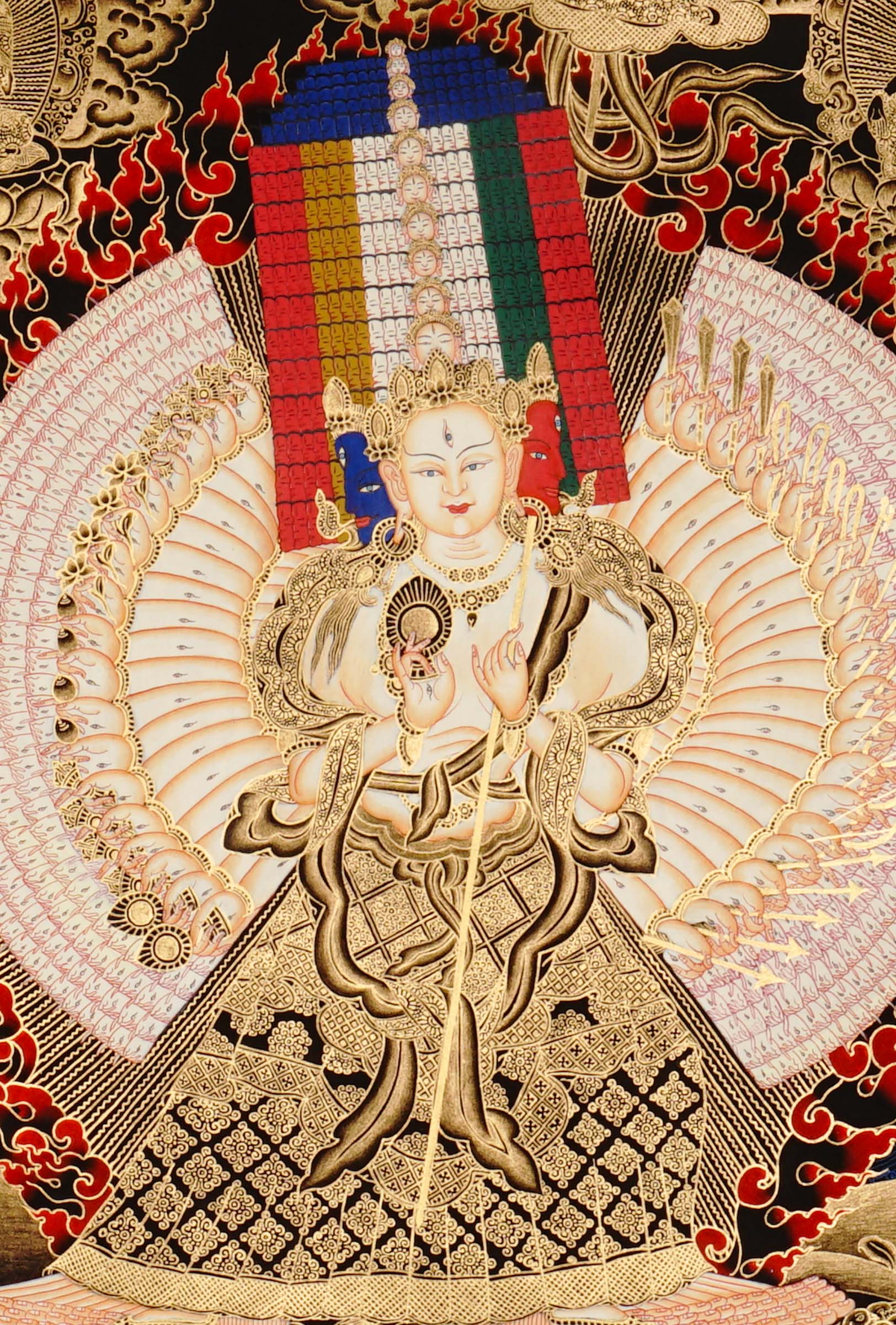 Dukkar thangka painting featuring the White Umbrella Goddess Sitatapatra with many arms, sacred implements, flame aura, gold-tone details