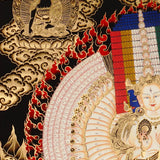 Dukkar thangka painting featuring the White Umbrella Goddess Sitatapatra with many arms, sacred implements, flame aura, gold-tone details