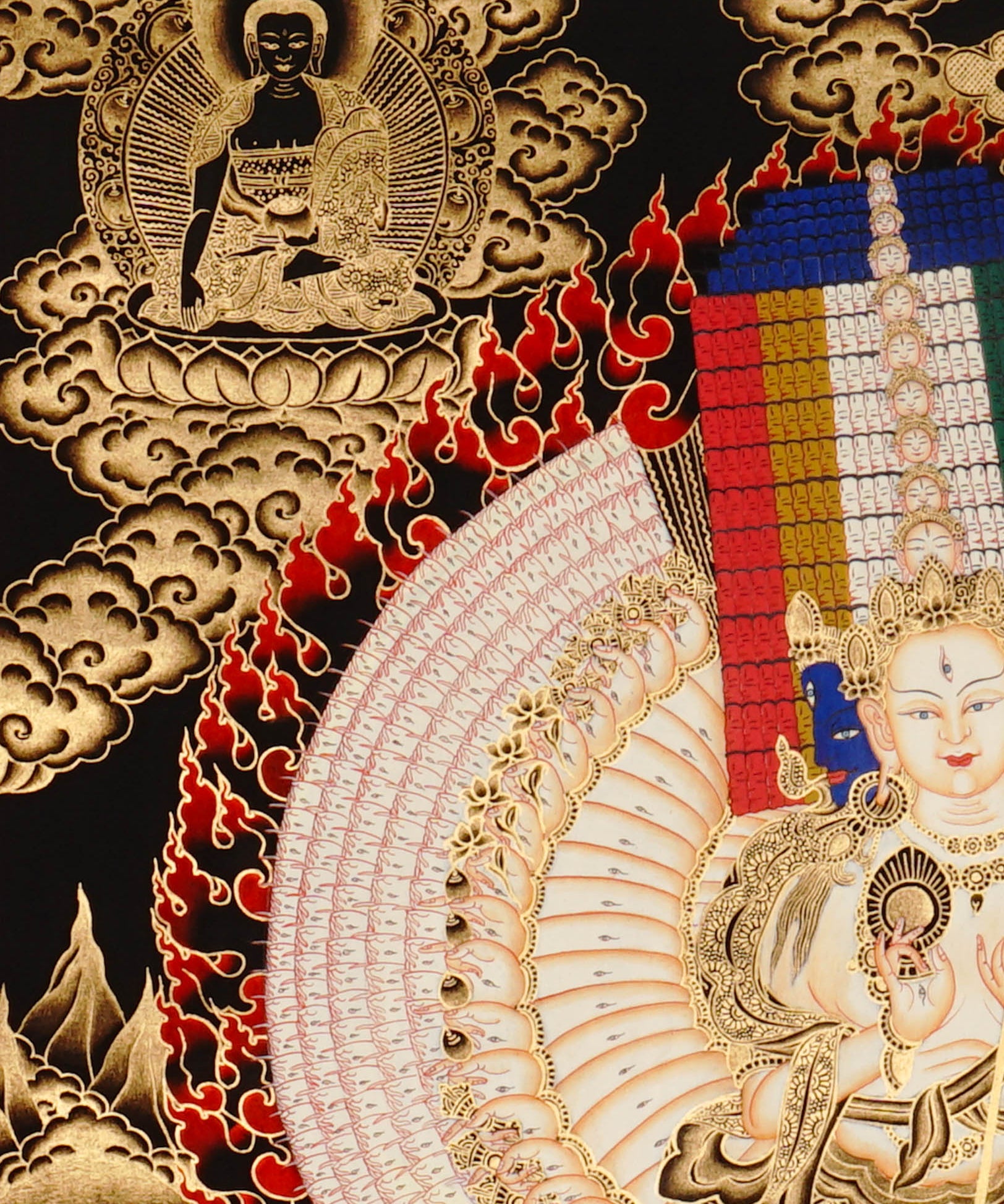 Dukkar thangka painting featuring the White Umbrella Goddess Sitatapatra with many arms, sacred implements, flame aura, gold-tone details