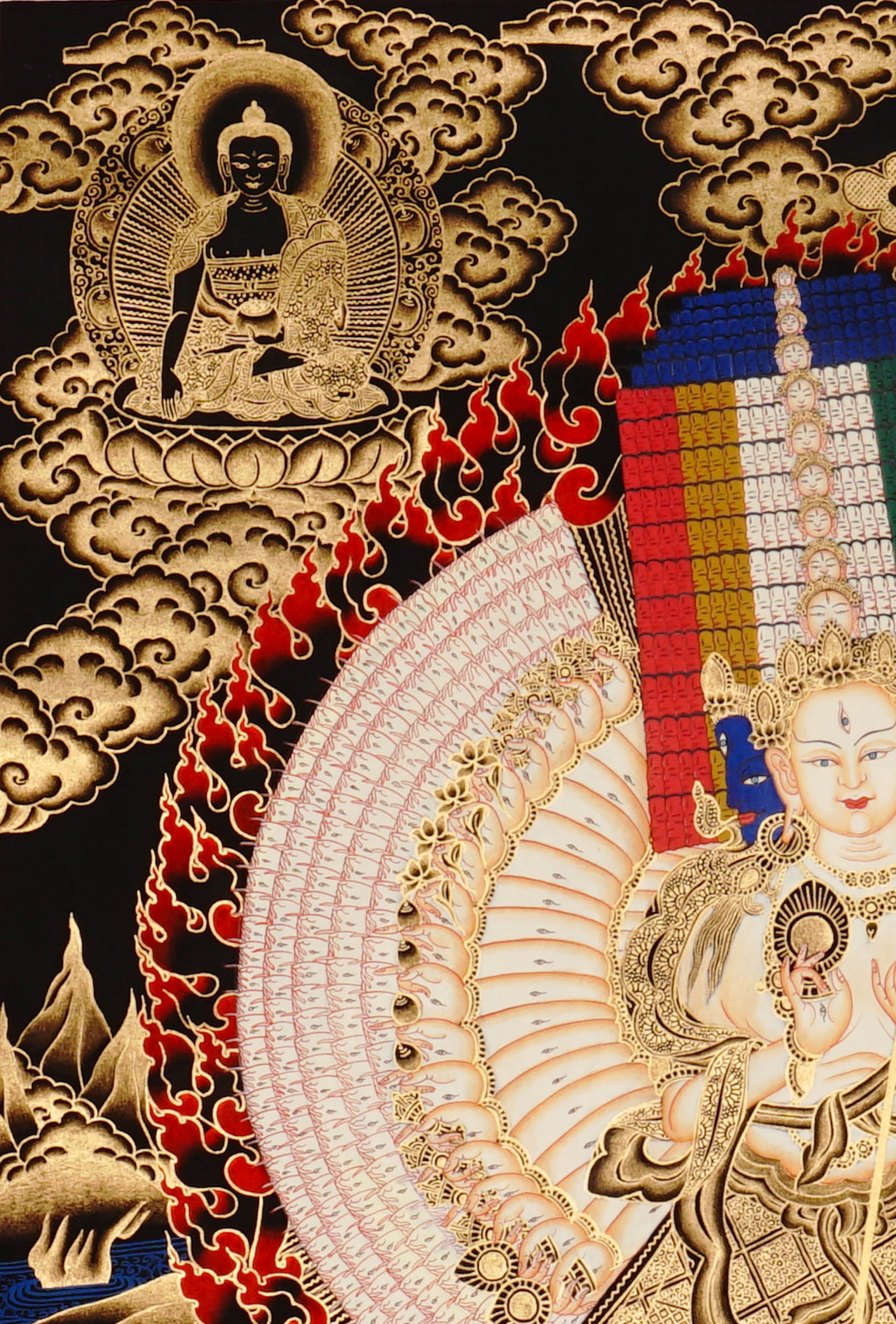 Dukkar thangka painting featuring the White Umbrella Goddess Sitatapatra with many arms, sacred implements, flame aura, gold-tone details