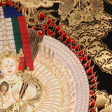 Dukkar thangka painting featuring the White Umbrella Goddess Sitatapatra with many arms, sacred implements, flame aura, gold-tone details