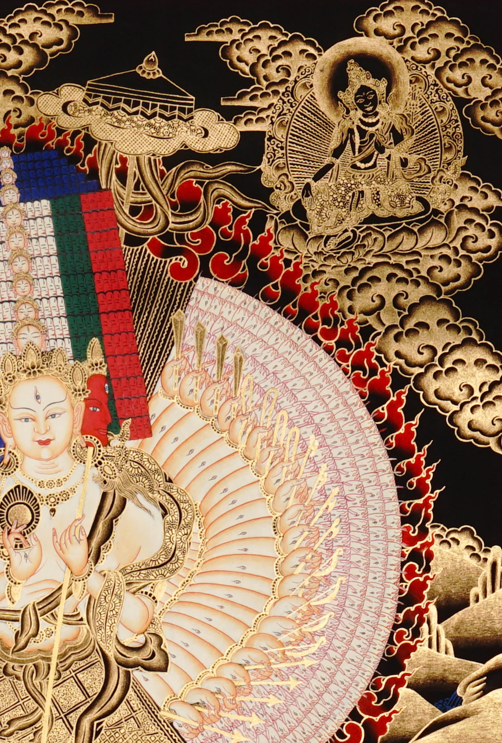 Dukkar thangka painting featuring the White Umbrella Goddess Sitatapatra with many arms, sacred implements, flame aura, gold-tone details