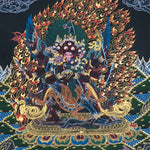 Vajrakilaya Thangka Painting – full view, wrathful Vajrakilaya in black and gold with multiple arms, skull crown and lotus base