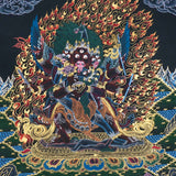 Vajrakilaya Thangka Painting – full view, wrathful Vajrakilaya in black and gold with multiple arms, skull crown and lotus base
