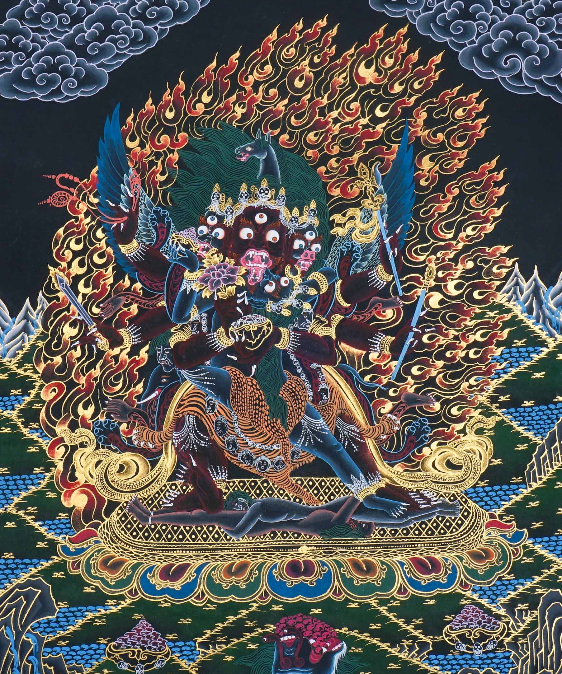Vajrakilaya Thangka Painting – full view, wrathful Vajrakilaya in black and gold with multiple arms, skull crown and lotus base