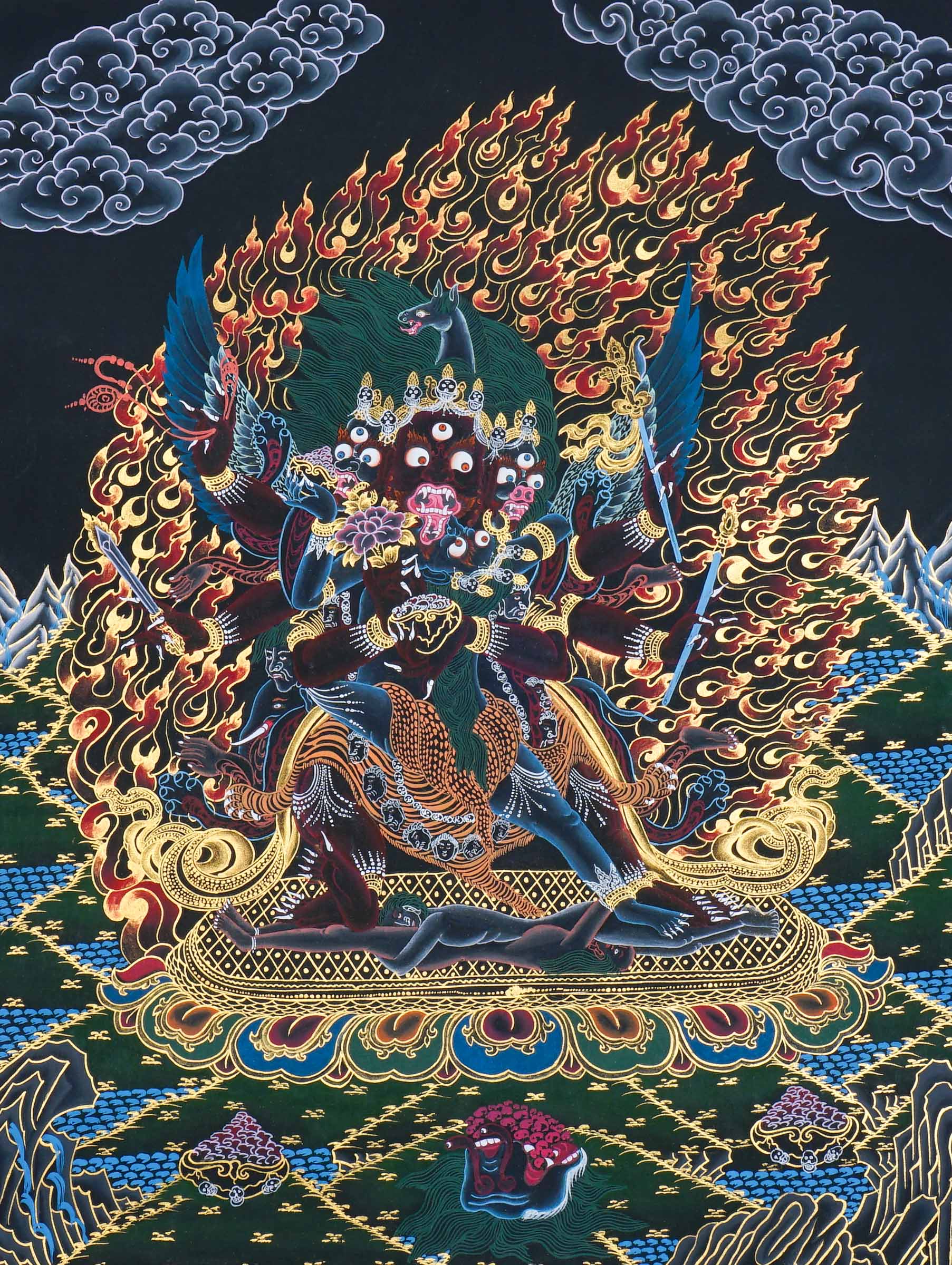Vajrakilaya Thangka Painting – full view, wrathful Vajrakilaya in black and gold with multiple arms, skull crown and lotus base