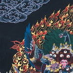 Close-up detail of Vajrakilaya Thangka Painting, wrathful Vajrakilaya in black and gold with multiple arms, skull crown and lotus base