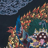 Close-up detail of Vajrakilaya Thangka Painting, wrathful Vajrakilaya in black and gold with multiple arms, skull crown and lotus base