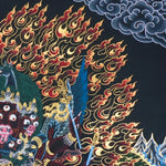 Close-up detail of Vajrakilaya Thangka Painting, wrathful Vajrakilaya in black and gold with multiple arms, skull crown and lotus base