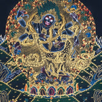 Six Hand Mahakala Thangka Painting showing a wrathful Tibetan Buddhist protector deity with six arms, flame aura, ritual implements, offering symbols, lotus base and Himalayan landscape in black, gold, blue and red tones.
