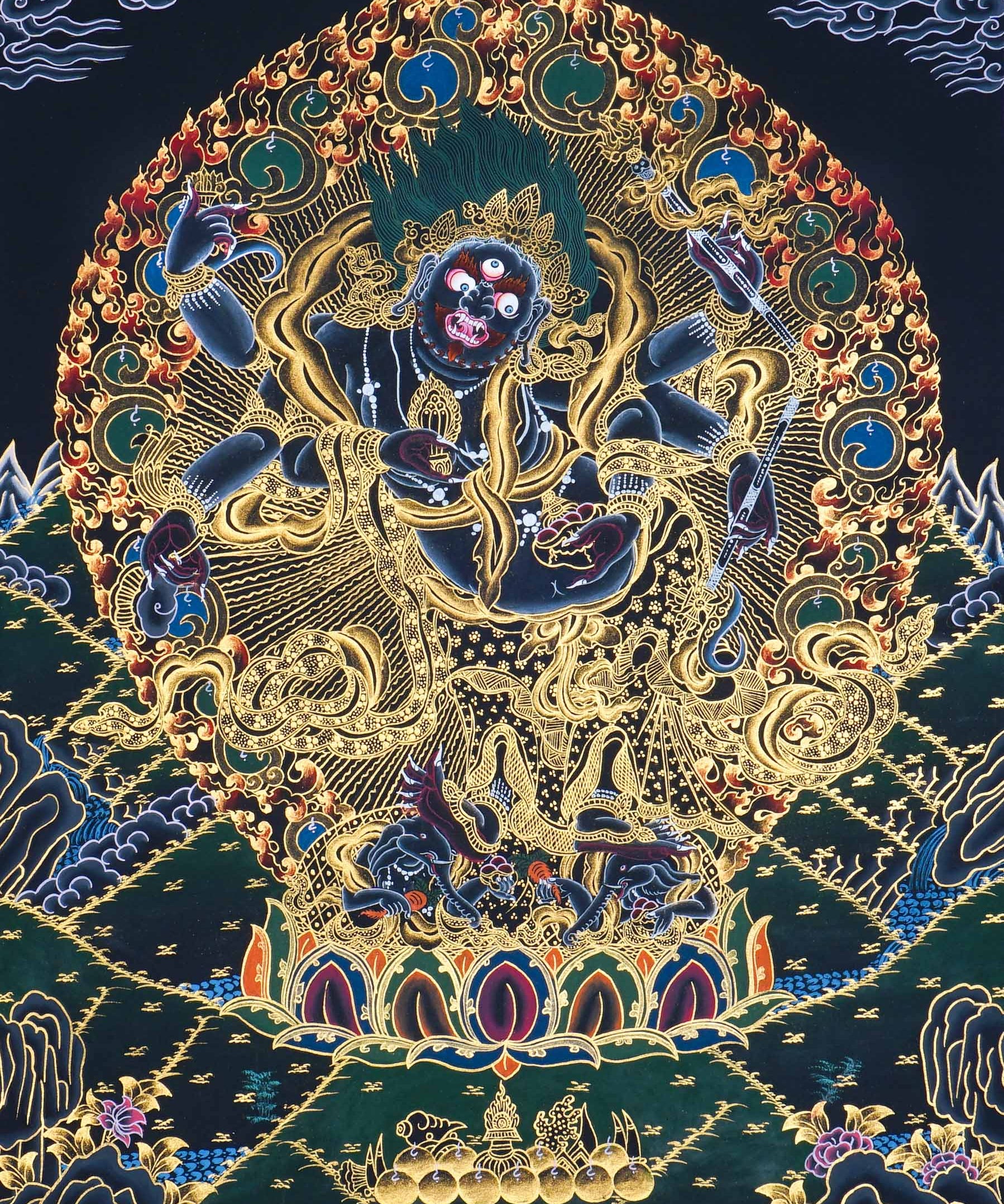 Six Hand Mahakala Thangka Painting showing a wrathful Tibetan Buddhist protector deity with six arms, flame aura, ritual implements, offering symbols, lotus base and Himalayan landscape in black, gold, blue and red tones.