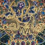 Six Hand Mahakala Thangka Painting showing a wrathful Tibetan Buddhist protector deity with six arms, flame aura, ritual implements, offering symbols, lotus base and Himalayan landscape in black, gold, blue and red tones.