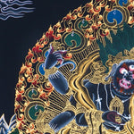Six Hand Mahakala Thangka Painting showing a wrathful Tibetan Buddhist protector deity with six arms, flame aura, ritual implements, offering symbols, lotus base and Himalayan landscape in black, gold, blue and red tones.