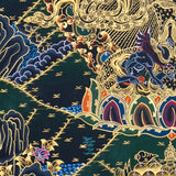 Six Hand Mahakala Thangka Painting showing a wrathful Tibetan Buddhist protector deity with six arms, flame aura, ritual implements, offering symbols, lotus base and Himalayan landscape in black, gold, blue and red tones.
