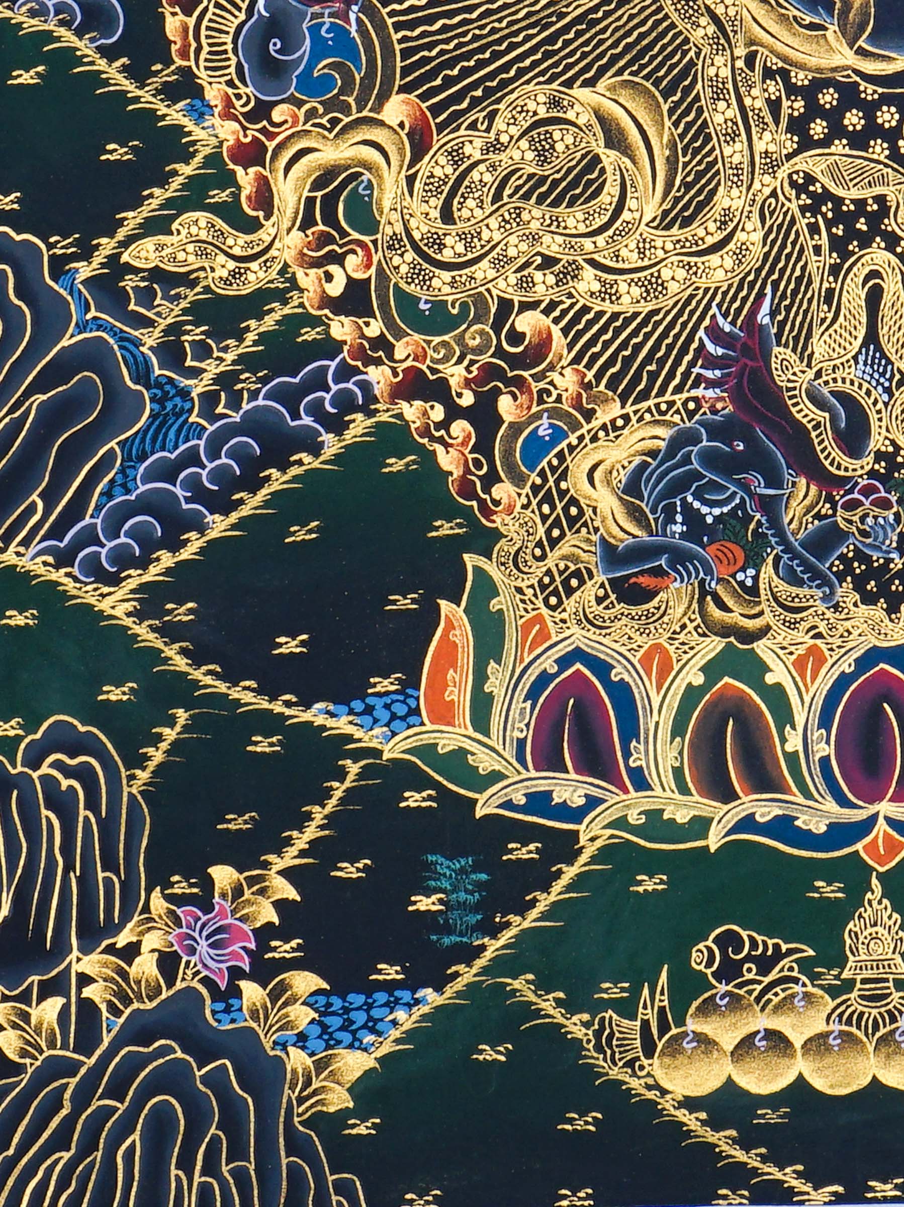 Six Hand Mahakala Thangka Painting showing a wrathful Tibetan Buddhist protector deity with six arms, flame aura, ritual implements, offering symbols, lotus base and Himalayan landscape in black, gold, blue and red tones.