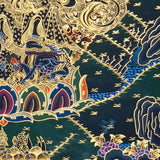 Six Hand Mahakala Thangka Painting showing a wrathful Tibetan Buddhist protector deity with six arms, flame aura, ritual implements, offering symbols, lotus base and Himalayan landscape in black, gold, blue and red tones.