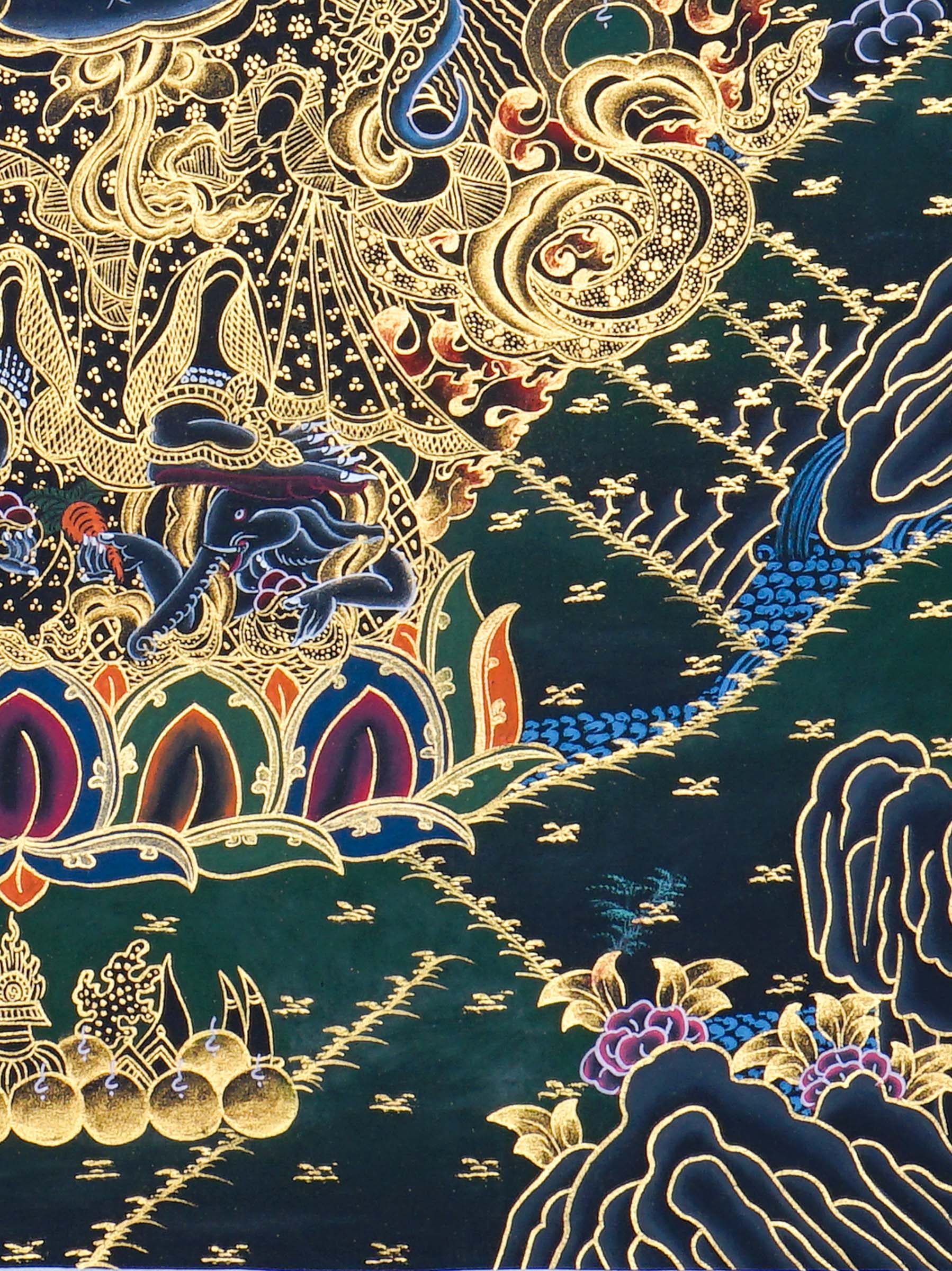 Six Hand Mahakala Thangka Painting showing a wrathful Tibetan Buddhist protector deity with six arms, flame aura, ritual implements, offering symbols, lotus base and Himalayan landscape in black, gold, blue and red tones.