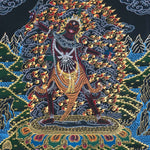 Ekajati Thangka Painting showing a wrathful female protector deity surrounded by flames, dark clouds and gold Himalayan Buddhist artwork.