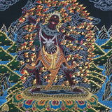 Ekajati Thangka Painting showing a wrathful female protector deity surrounded by flames, dark clouds and gold Himalayan Buddhist artwork.