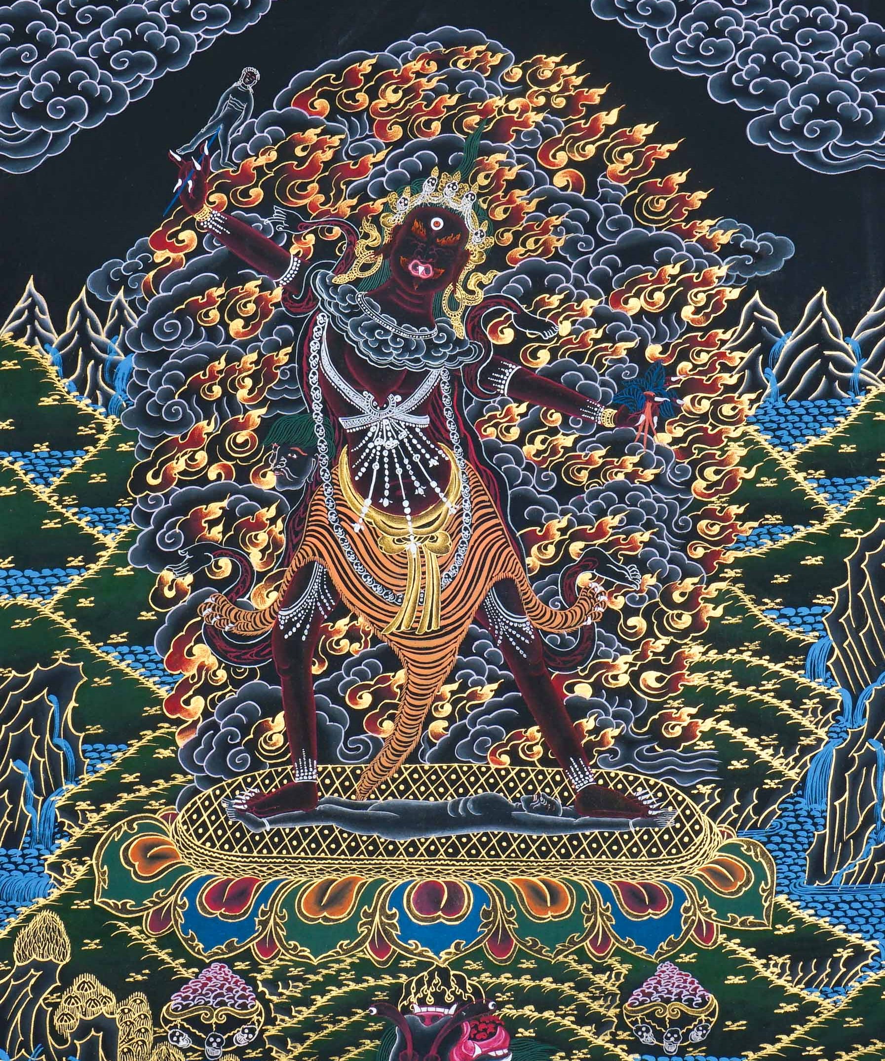 Ekajati Thangka Painting showing a wrathful female protector deity surrounded by flames, dark clouds and gold Himalayan Buddhist artwork.
