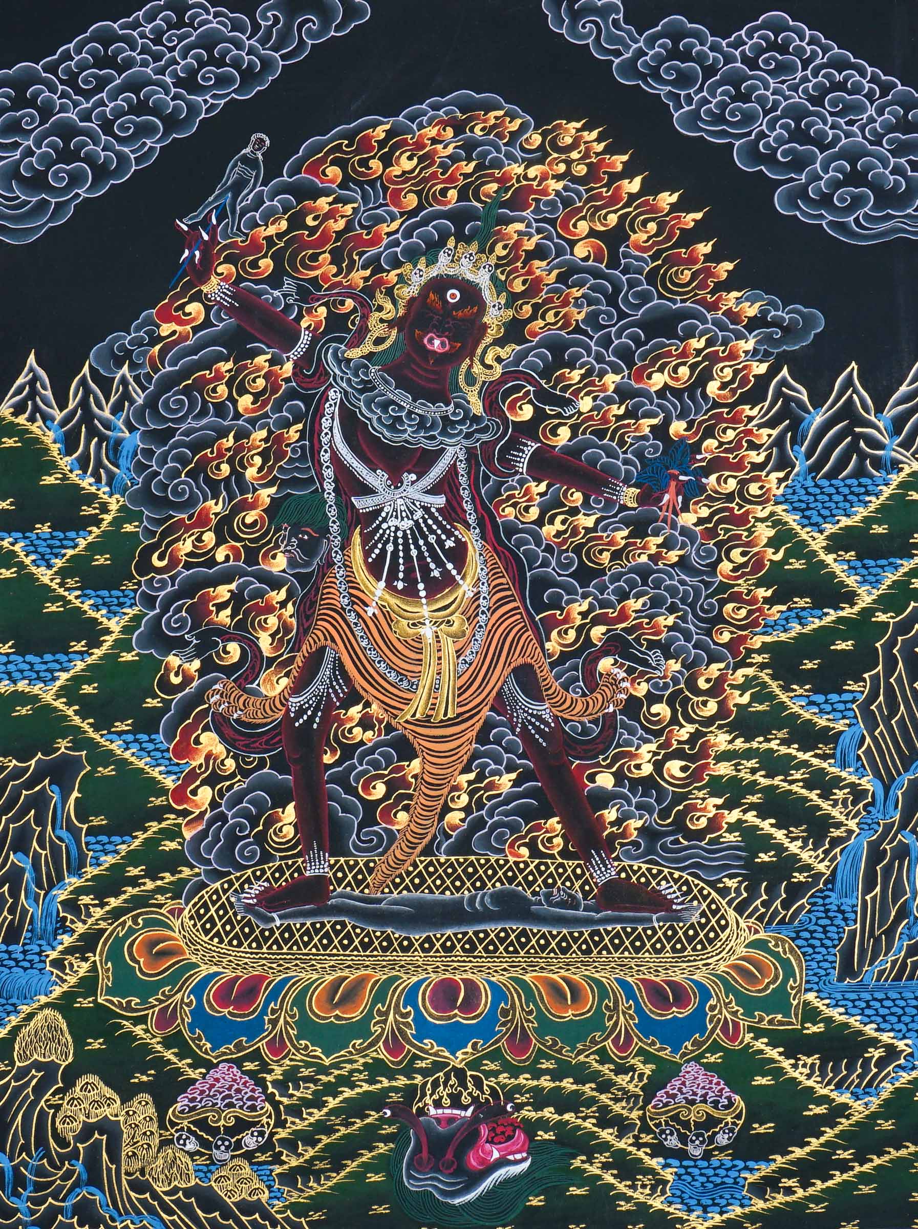 Ekajati Thangka Painting showing a wrathful female protector deity surrounded by flames, dark clouds and gold Himalayan Buddhist artwork.
