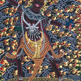 Close up of Ekajati Thangka Painting showing a wrathful female protector deity surrounded by flames, dark clouds.