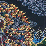 Close up of Ekajati Thangka Painting showing a wrathful female protector deity surrounded by flames, dark clouds.