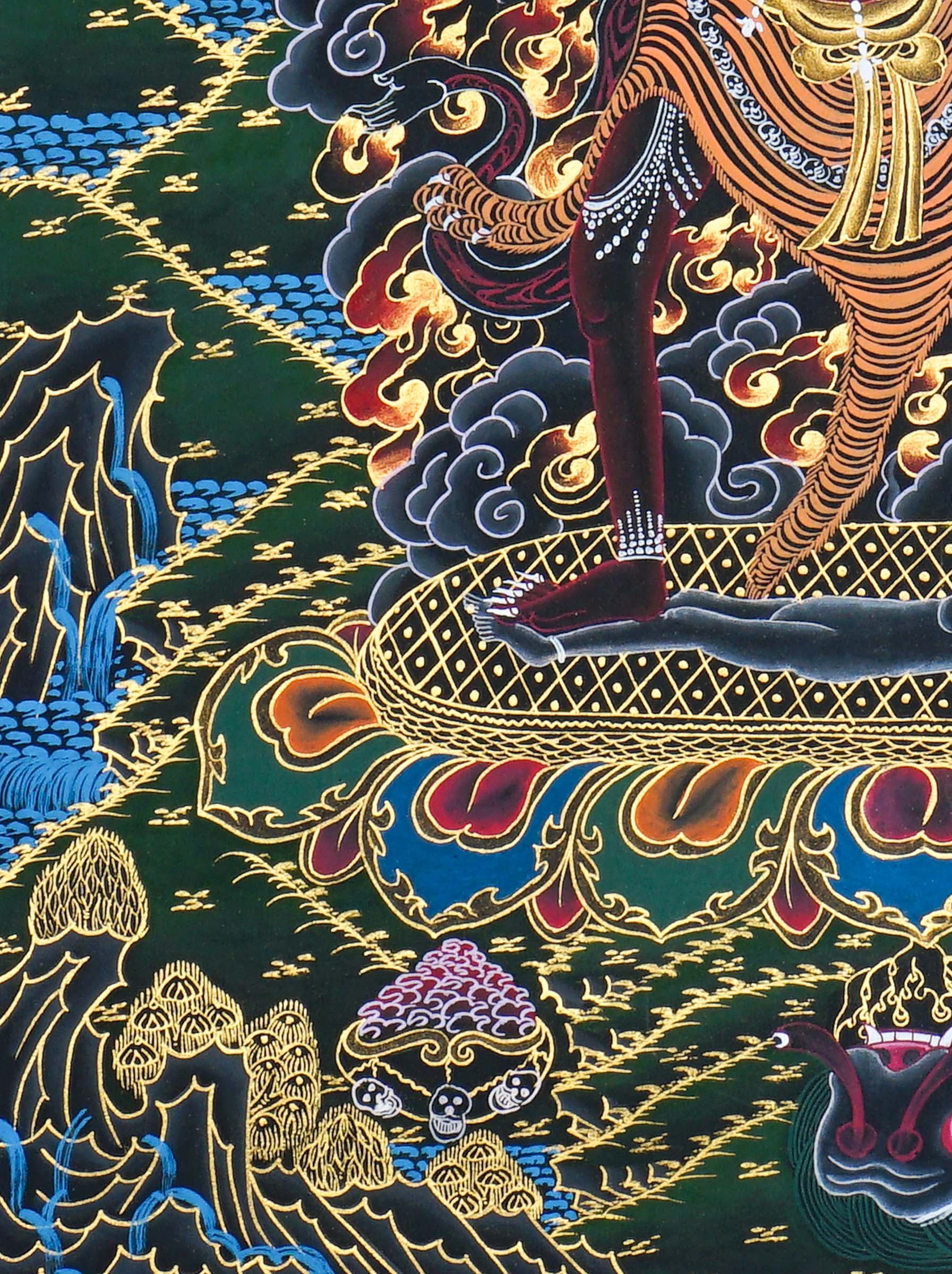 Close up of Ekajati Thangka Painting showing a wrathful female protector deity surrounded by flames, dark clouds.