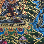 Close up of Ekajati Thangka Painting showing a wrathful female protector deity surrounded by flames, dark clouds.