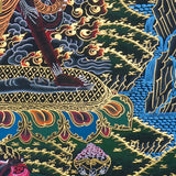 Close up of Ekajati Thangka Painting showing a wrathful female protector deity surrounded by flames, dark clouds.