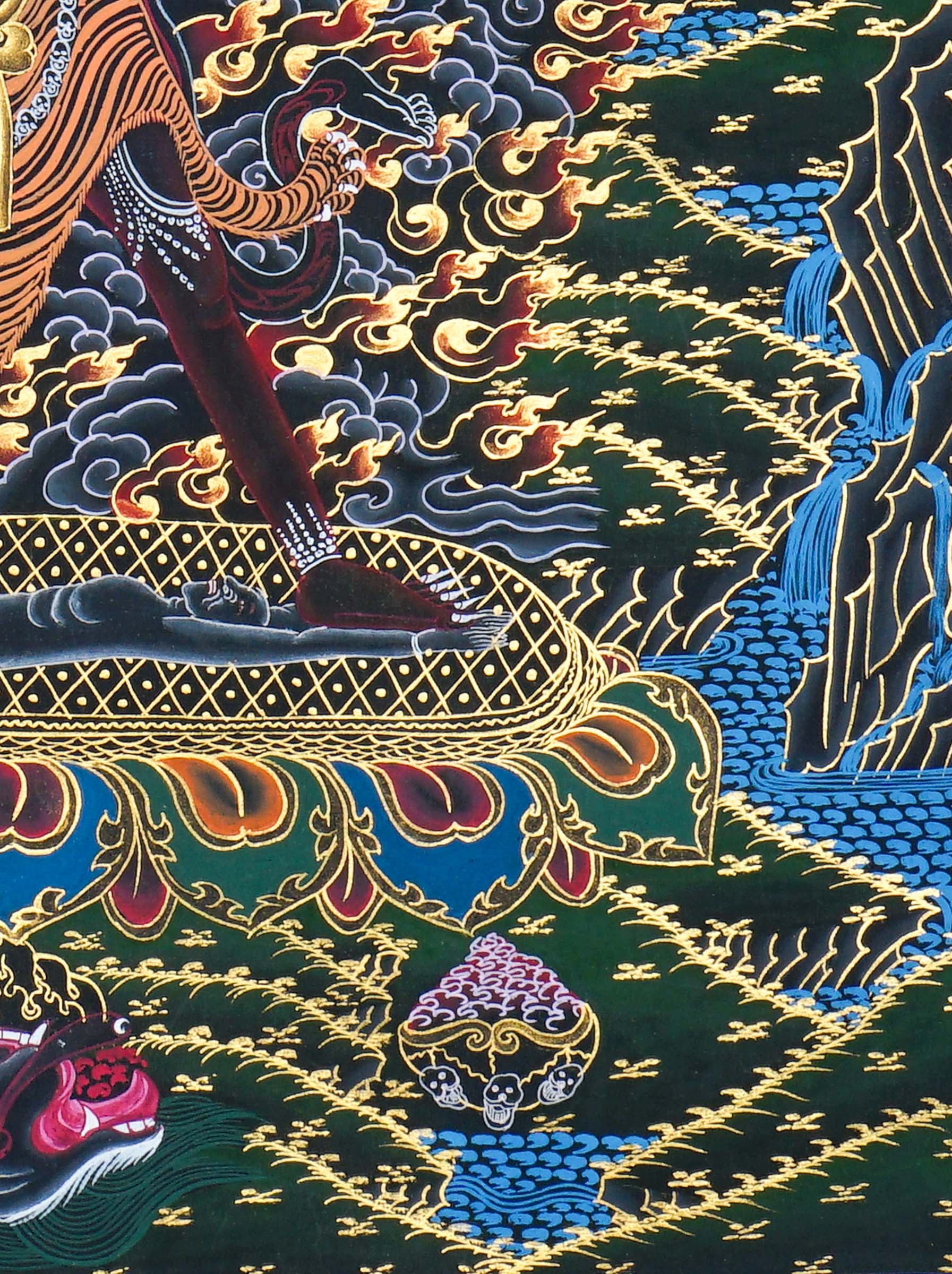 Close up of Ekajati Thangka Painting showing a wrathful female protector deity surrounded by flames, dark clouds.