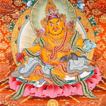 Zambala Thangka Painting showing the Tibetan Buddhist wealth deity seated on a pink lotus throne with a jewel-spitting mongoose, fruit offering, radiant halo, sacred ornaments