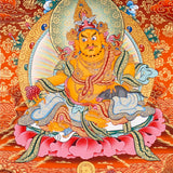 Zambala Thangka Painting showing the Tibetan Buddhist wealth deity seated on a pink lotus throne with a jewel-spitting mongoose, fruit offering, radiant halo, sacred ornaments