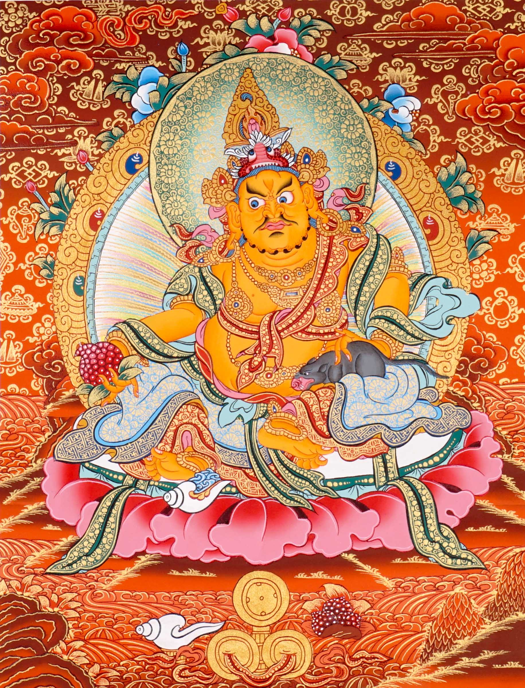 Zambala Thangka Painting showing the Tibetan Buddhist wealth deity seated on a pink lotus throne with a jewel-spitting mongoose, fruit offering, radiant halo, sacred ornaments