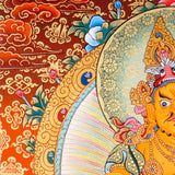 Zambala Thangka Painting showing the Tibetan Buddhist wealth deity seated on a pink lotus throne with a jewel-spitting mongoose, fruit offering, radiant halo, sacred ornaments
