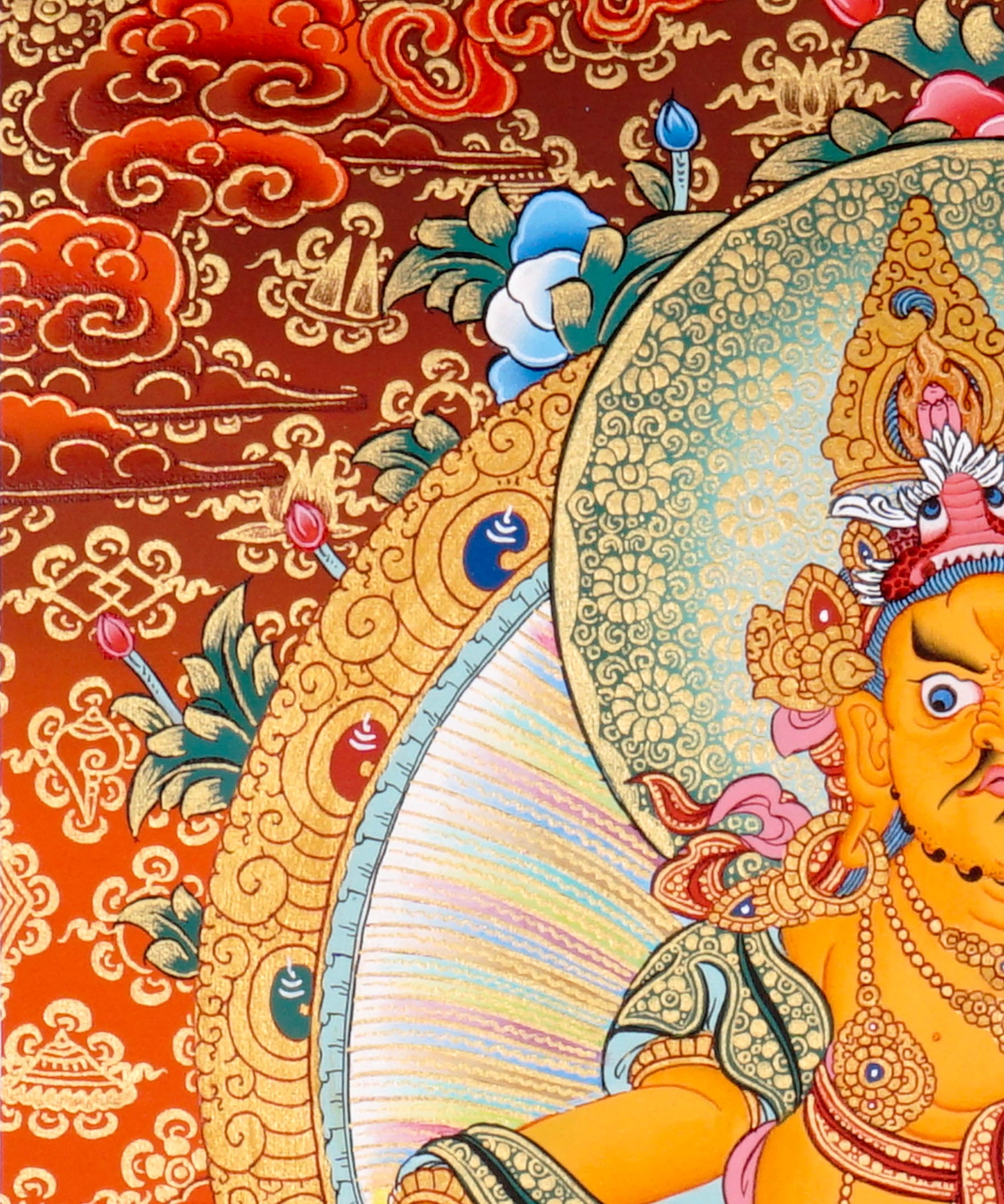 Zambala Thangka Painting showing the Tibetan Buddhist wealth deity seated on a pink lotus throne with a jewel-spitting mongoose, fruit offering, radiant halo, sacred ornaments